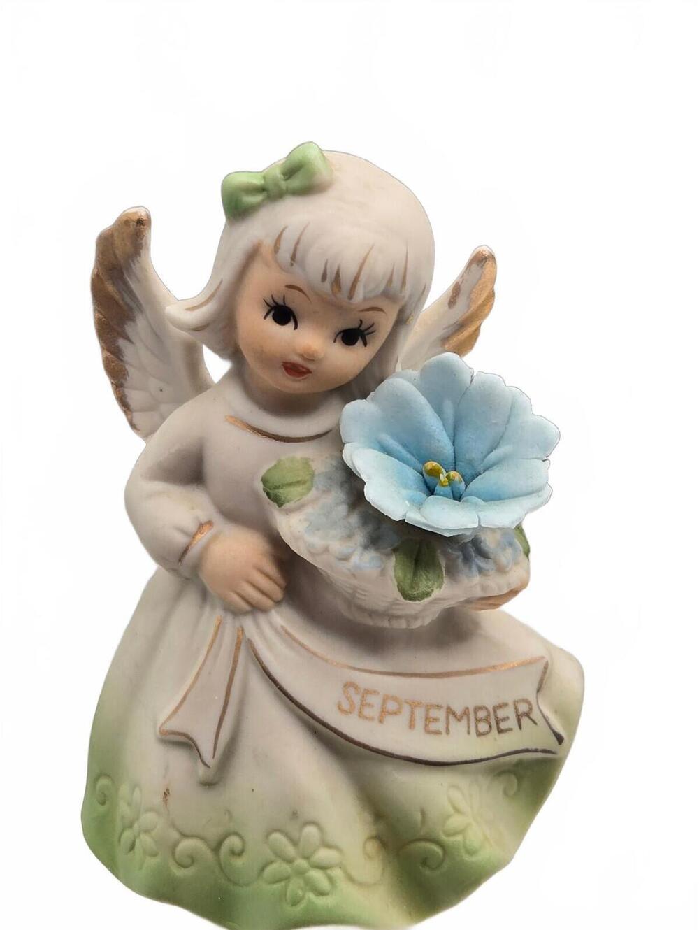 Homco September birthday Angel Figurine with Blue Flower Basket